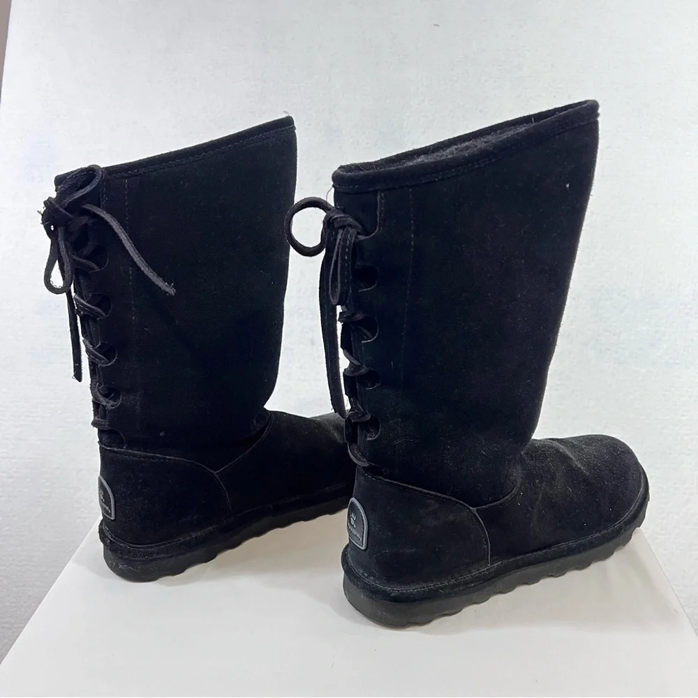 Bearpaw Boots Womens 9 Black Mid Calf Suede Faux Fur Trim Pull On Lace Up - Picture 5 of 10